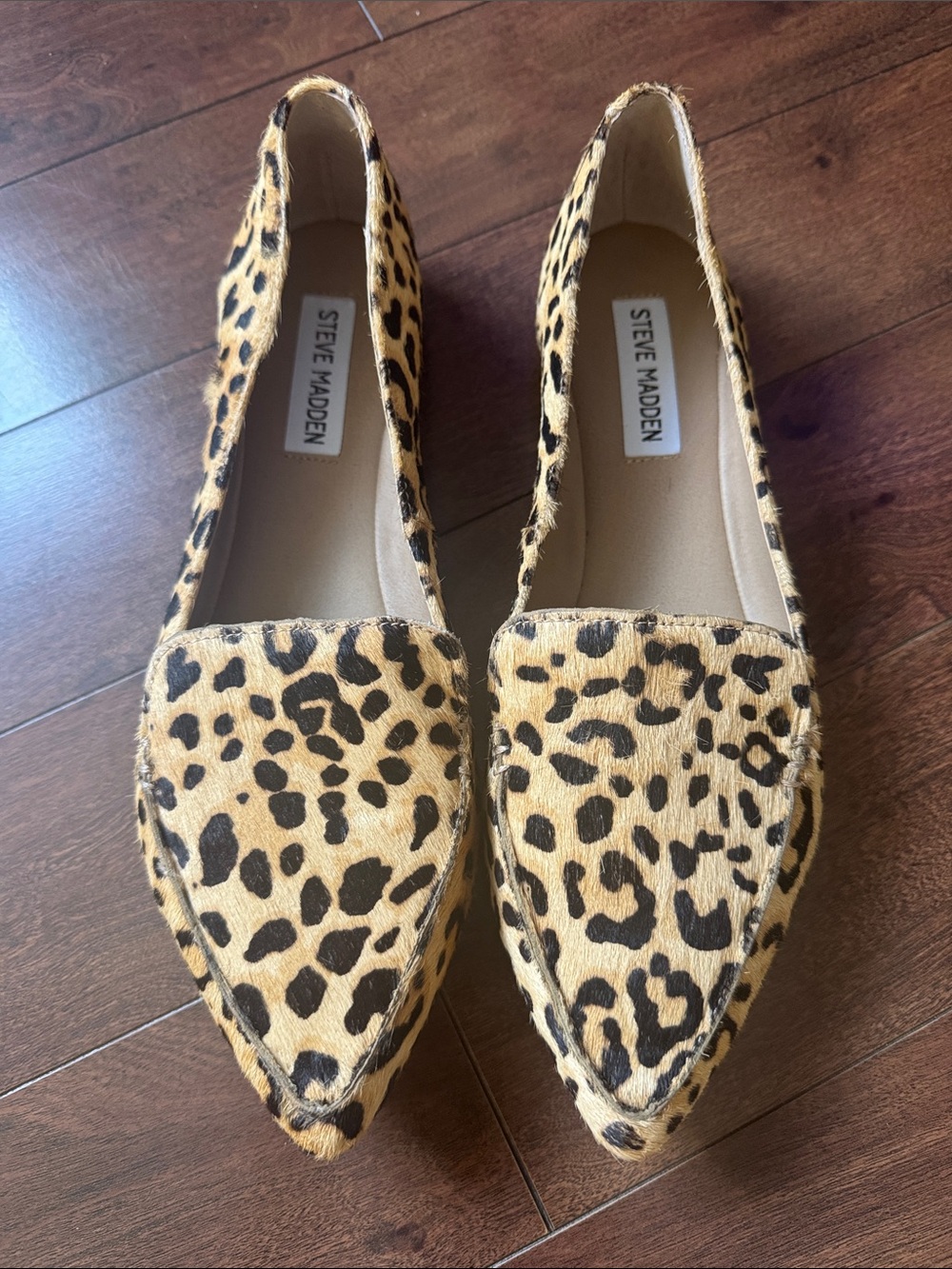 Brand NewSteve Madden Feather Lite Leopard Print Pointed-Toe Flats - Tan & Black
